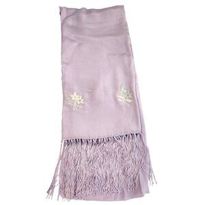 Lavender Scarf Embroidered Floral Rhinestone Fringed 76x21 inches Silk Rayon Pre